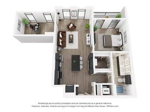 Floor plan for 1 bed, 1 bath, 956 sqft